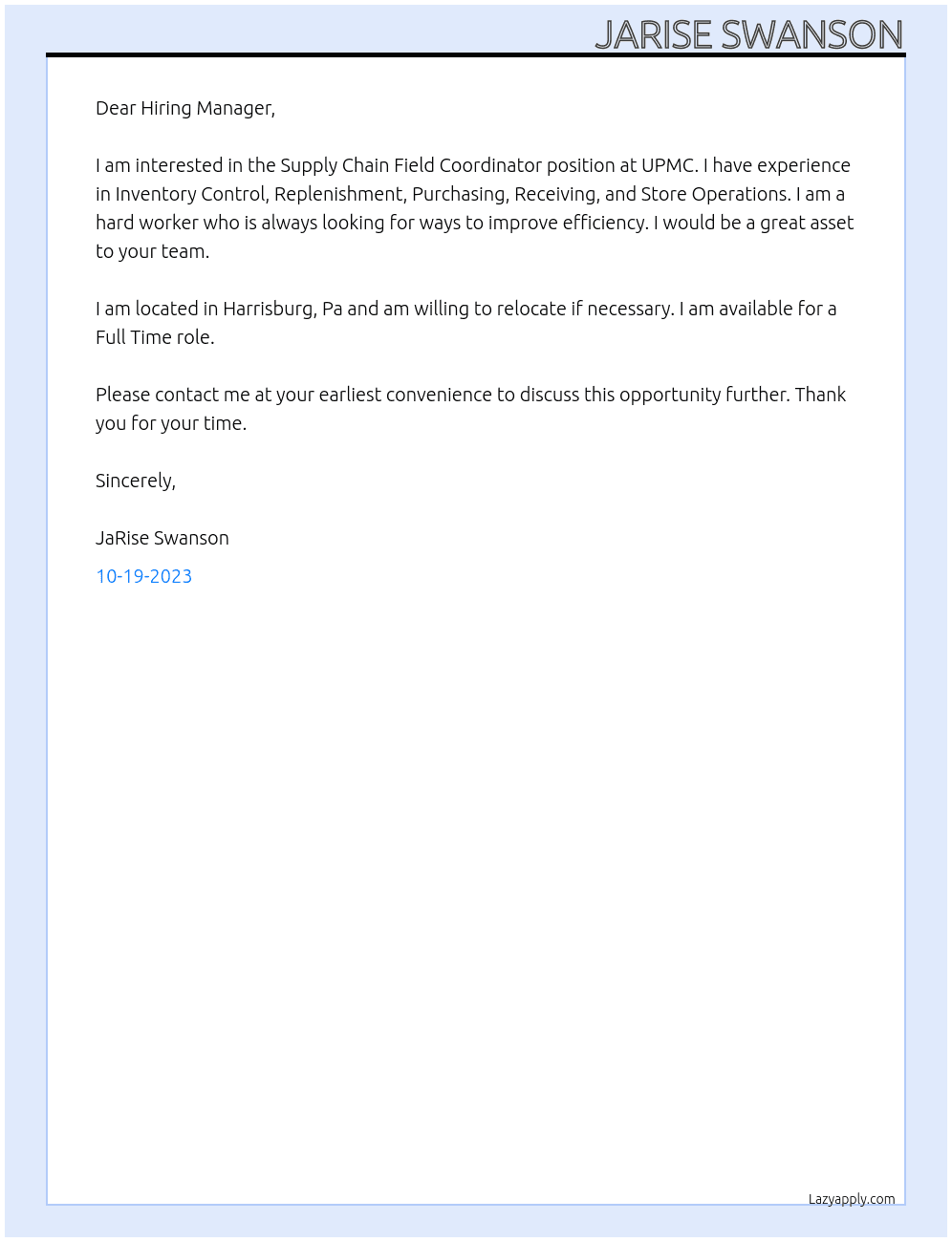 Supply Chain Field Coordinator At UPMC Cover Letter