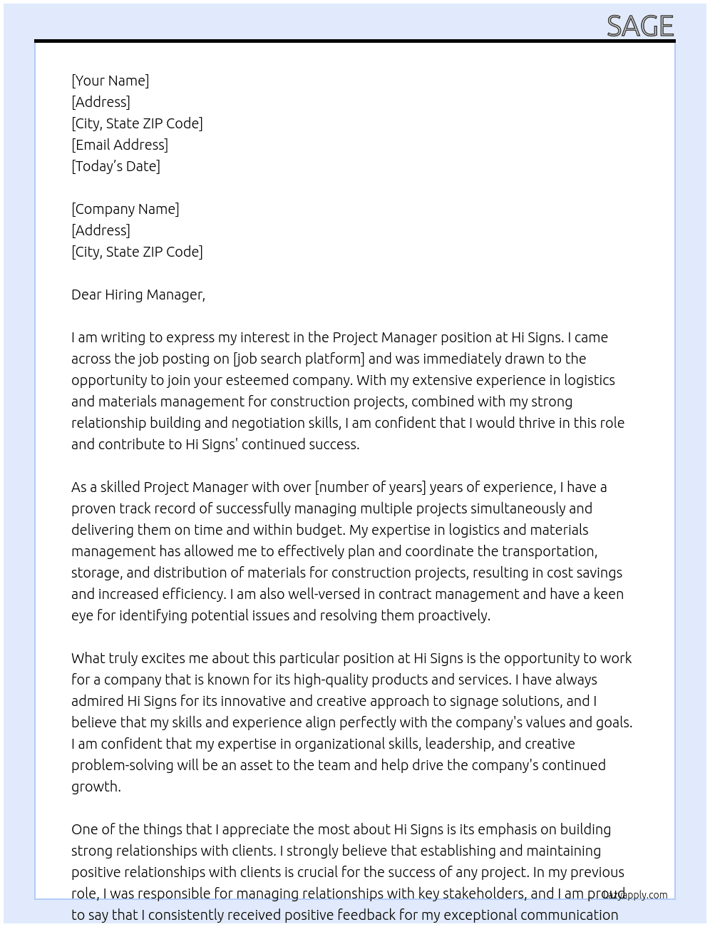 Project Manager At Hi Signs Cover Letter