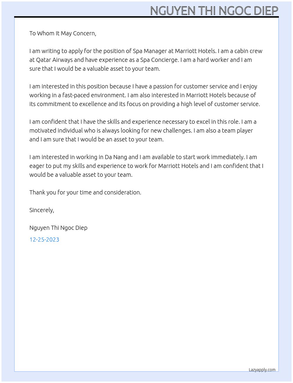 Spa Manager At Marriott Hotels Cover Letter