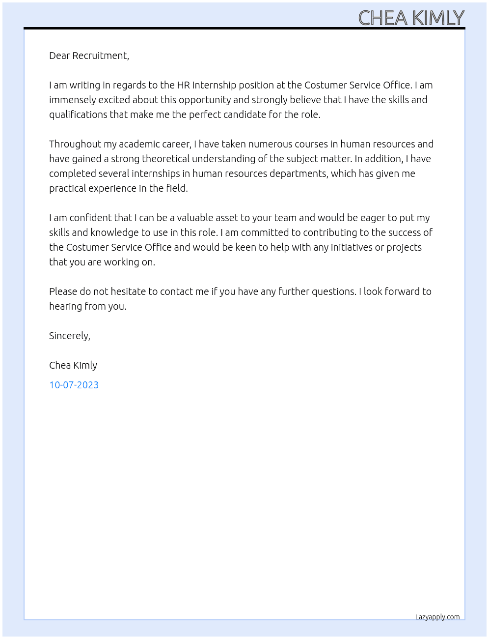 HR Internship At Costumer Service OFfivce Cover Letter