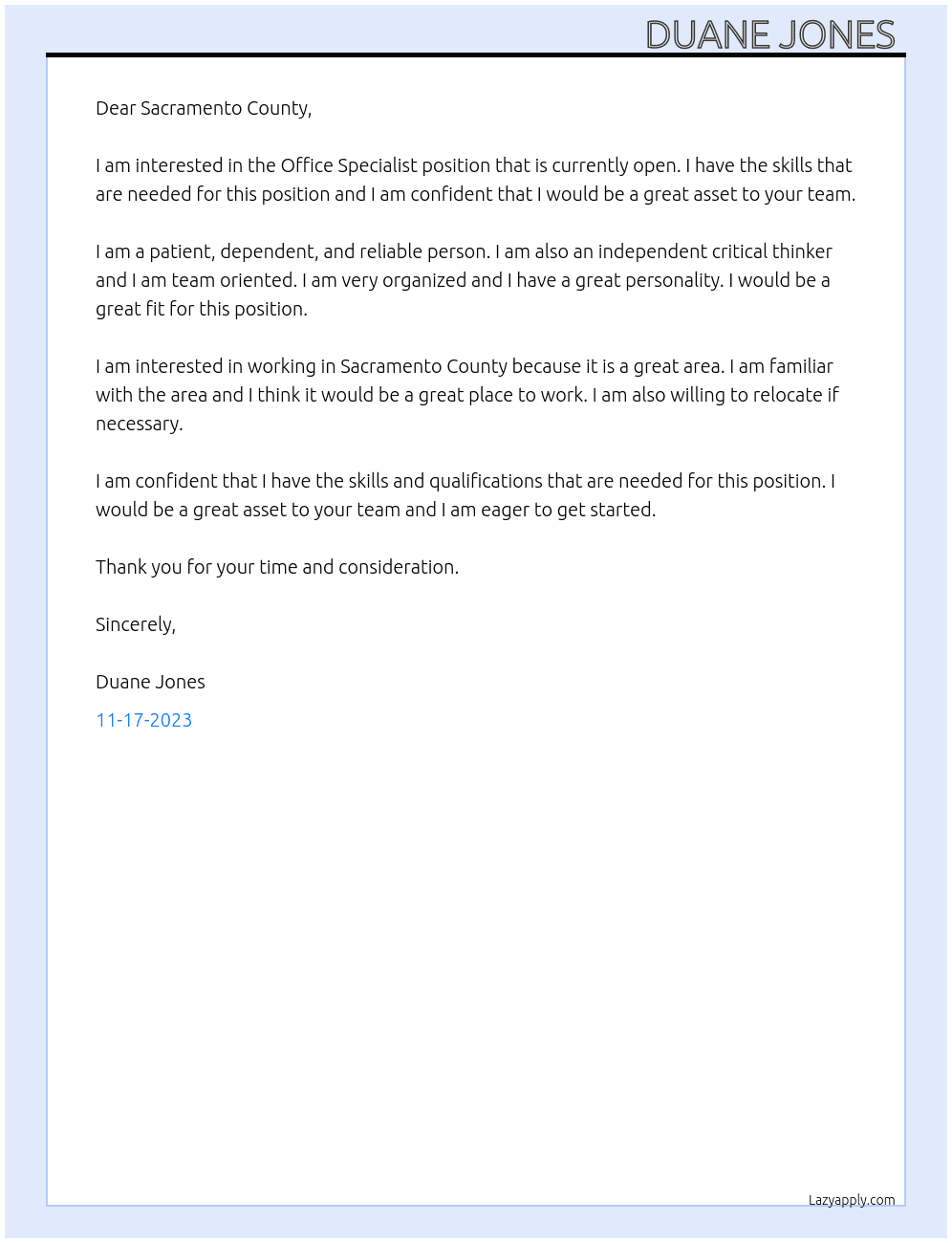 Office Specialist  At Sacramento County  Cover Letter