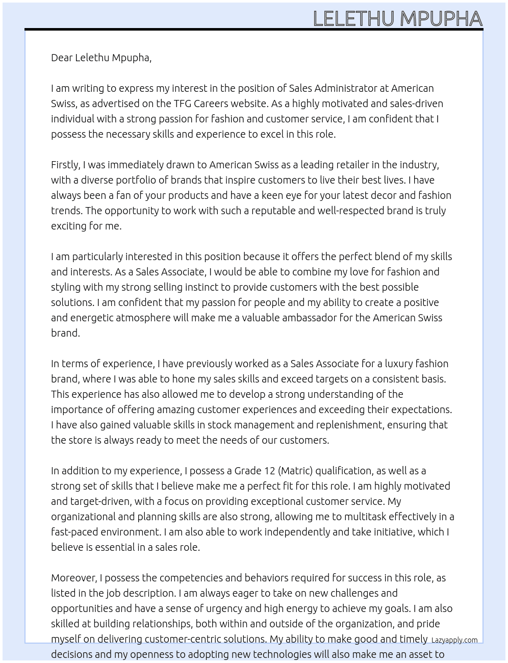 Sales administrator  At Amarican Swiss  Cover Letter