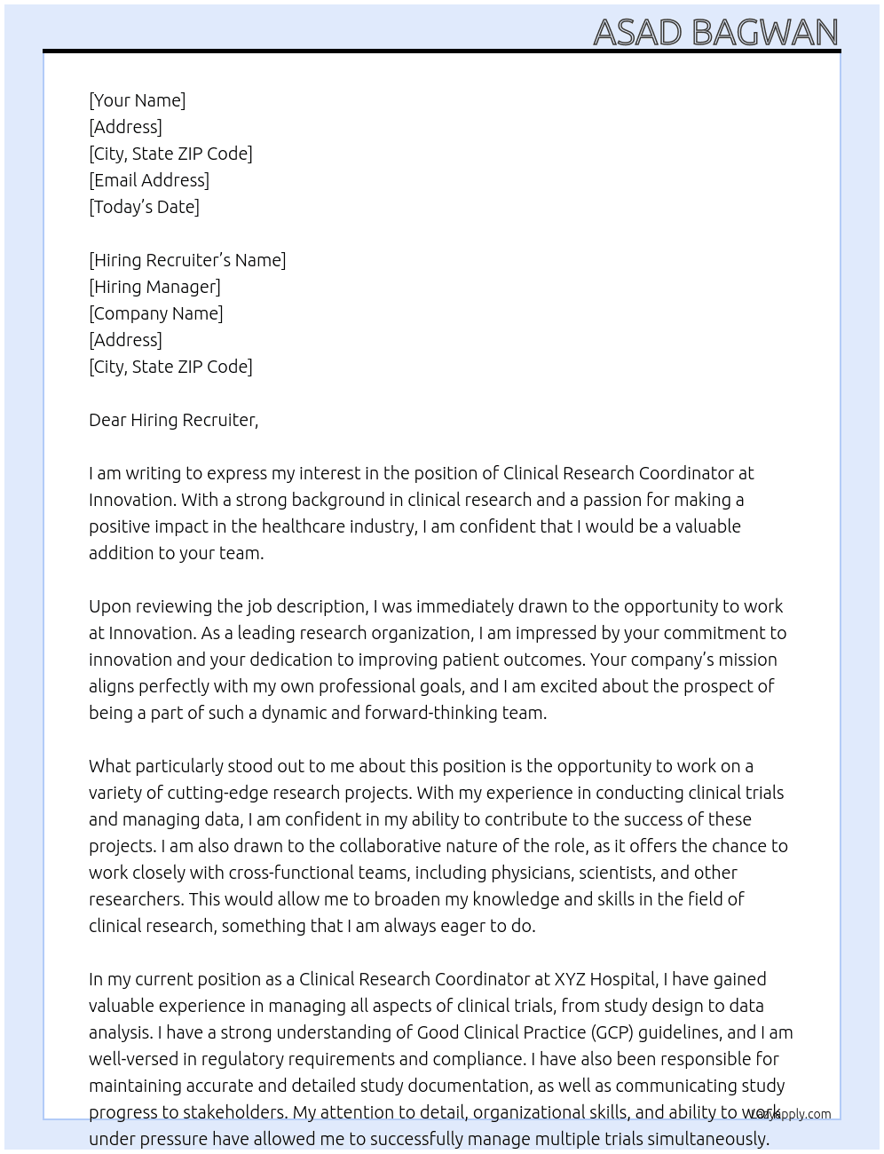 Clinical research Coordinator At Innovation  Cover Letter