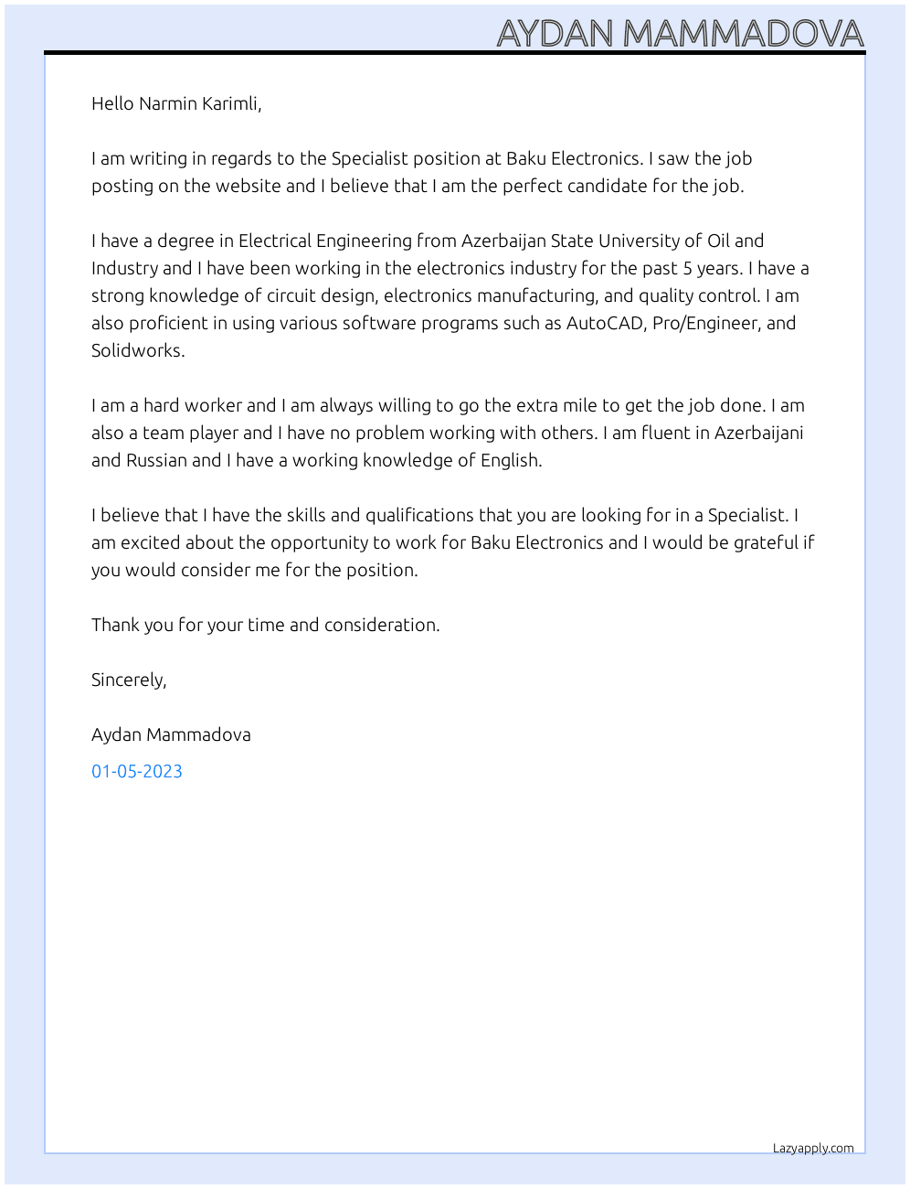 Specialist At Baku Electronics Cover Letter