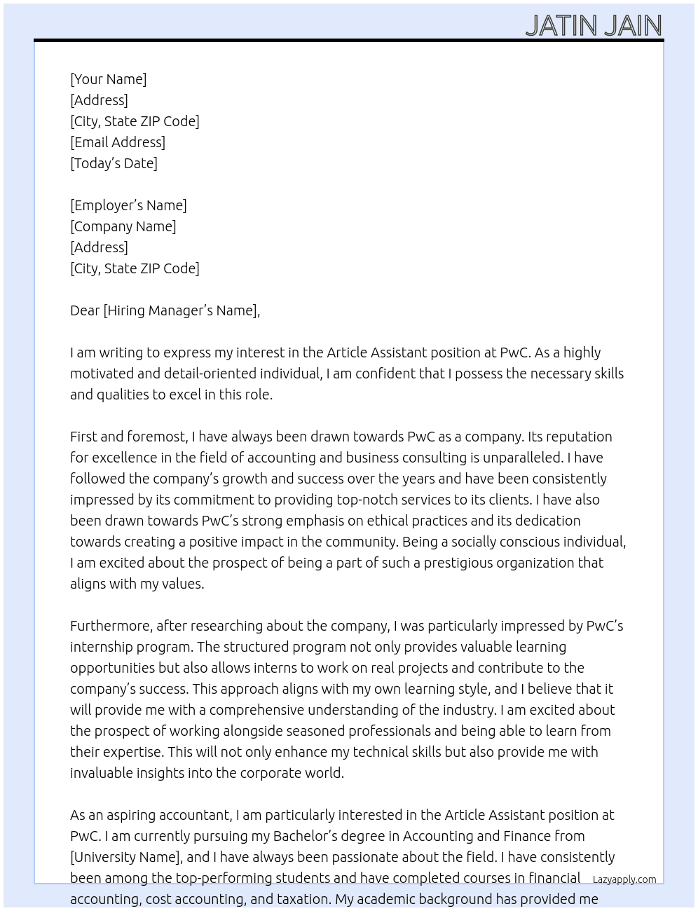 Article Assistant At PwC Cover Letter