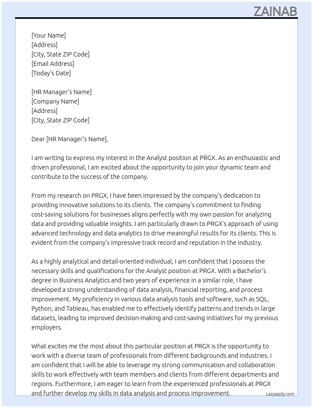 analyst At PRGX Cover Letter