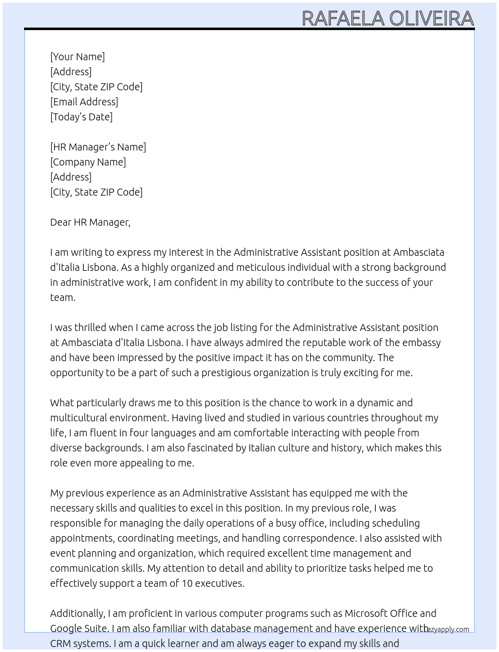 Administrative Assistant At Ambasciata d'Italia Lisbona Cover Letter