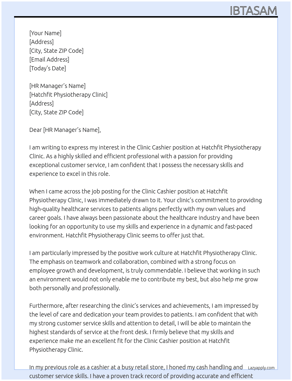 Clinic cashier At Hatchfit Physiotherapy Clinic Cover Letter