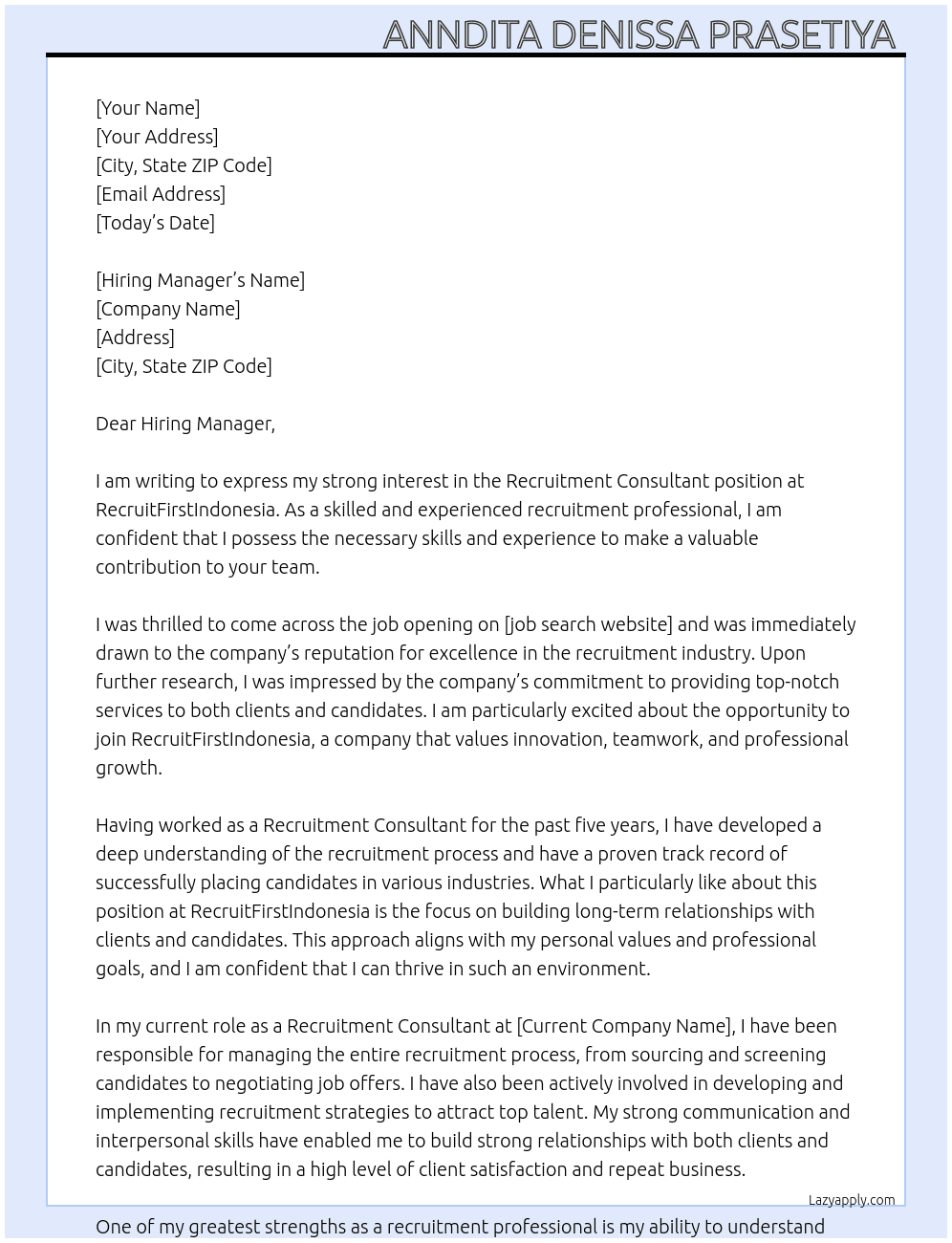 Recruitment consultant  At RecruitFirstIndonesia Cover Letter