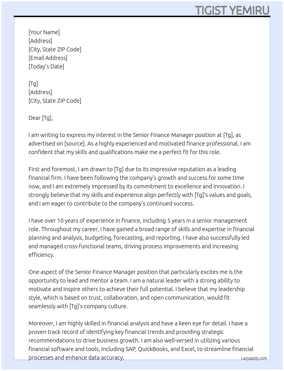 Senior Finance manager  At Tg Cover Letter