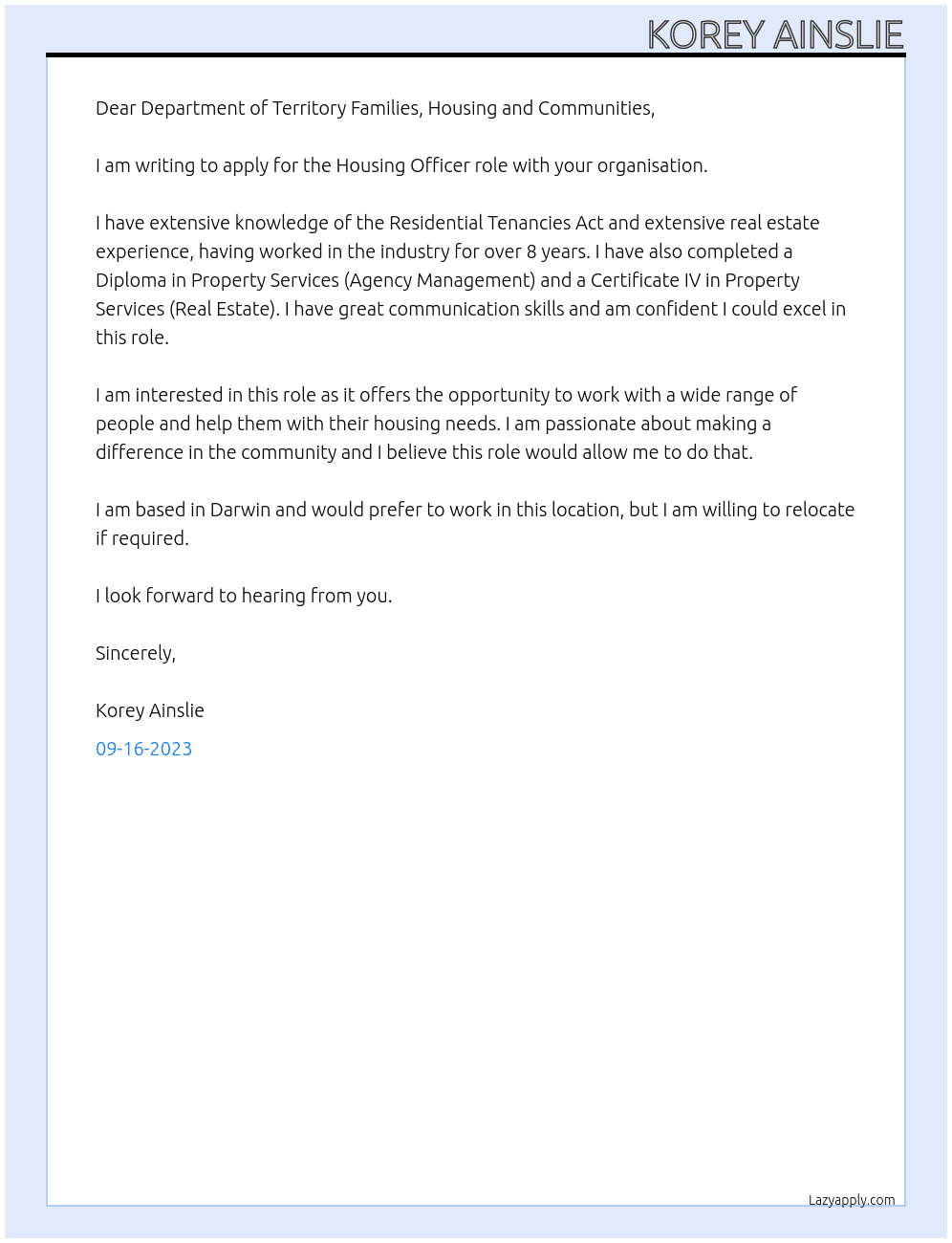 Cover letter for housung officer - LazyApply