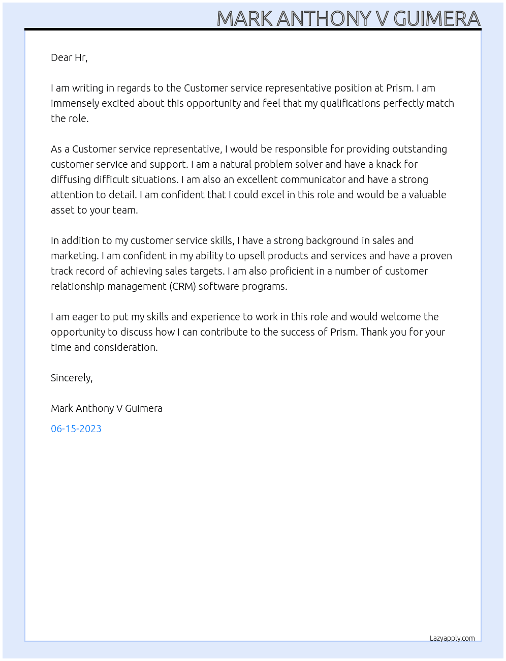 Customer service representative At Prism Cover Letter