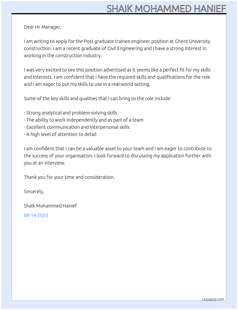 Post graduate trainee engineer  At Ghent University construction  Cover Letter