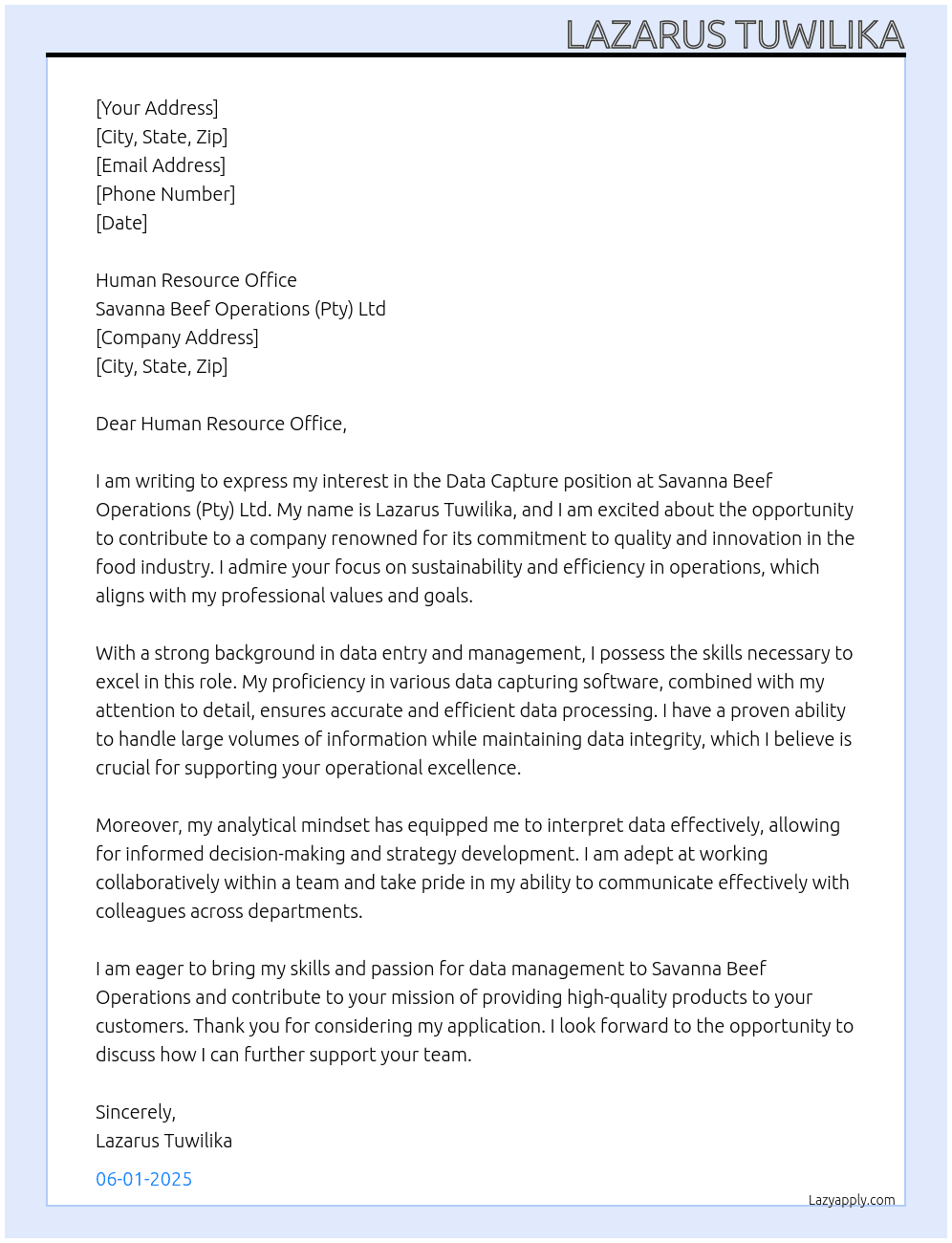 Data Capture At Savanna Beef Operations (Pty) Ltd Cover Letter