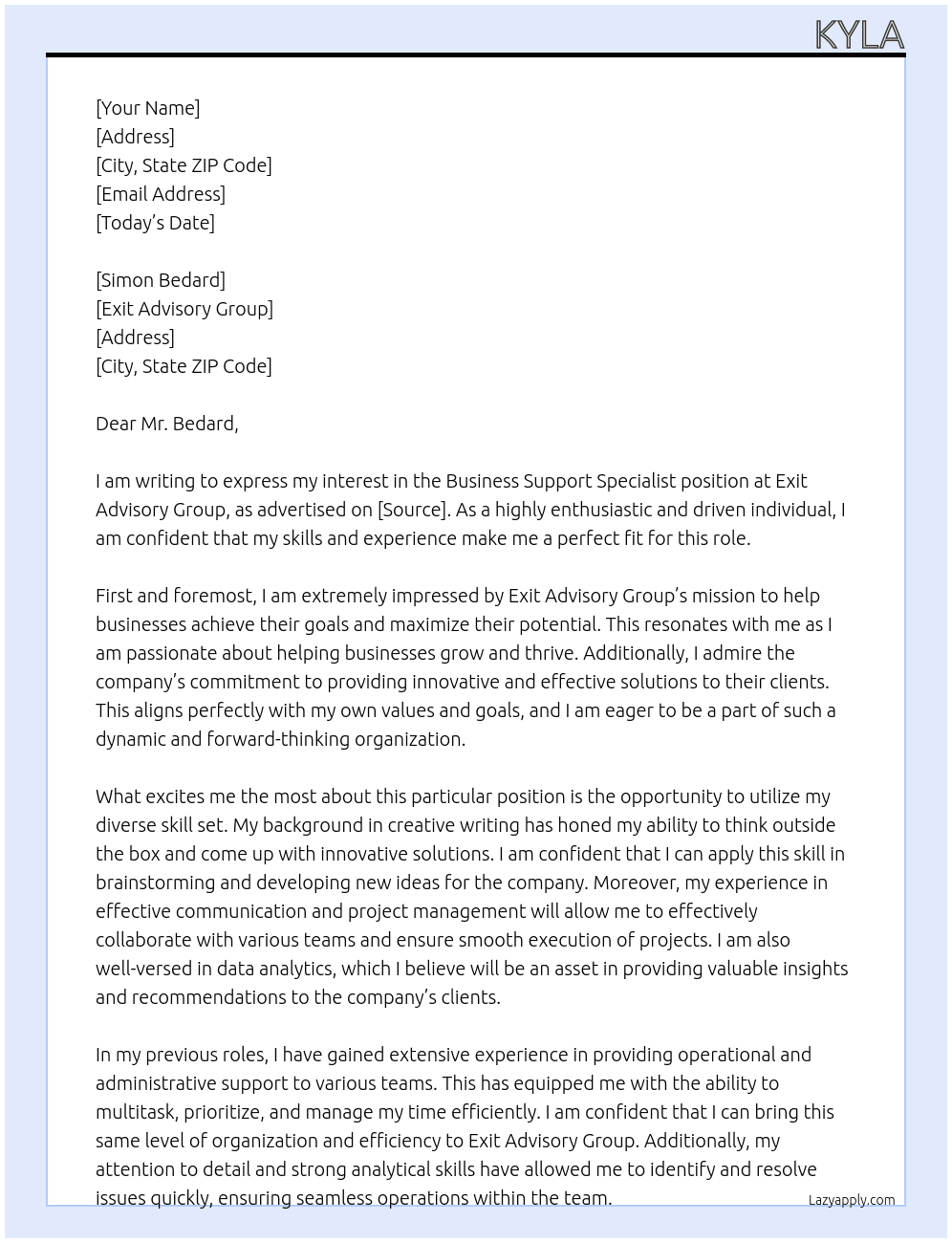 Cover letter for business support specialist - LazyApply
