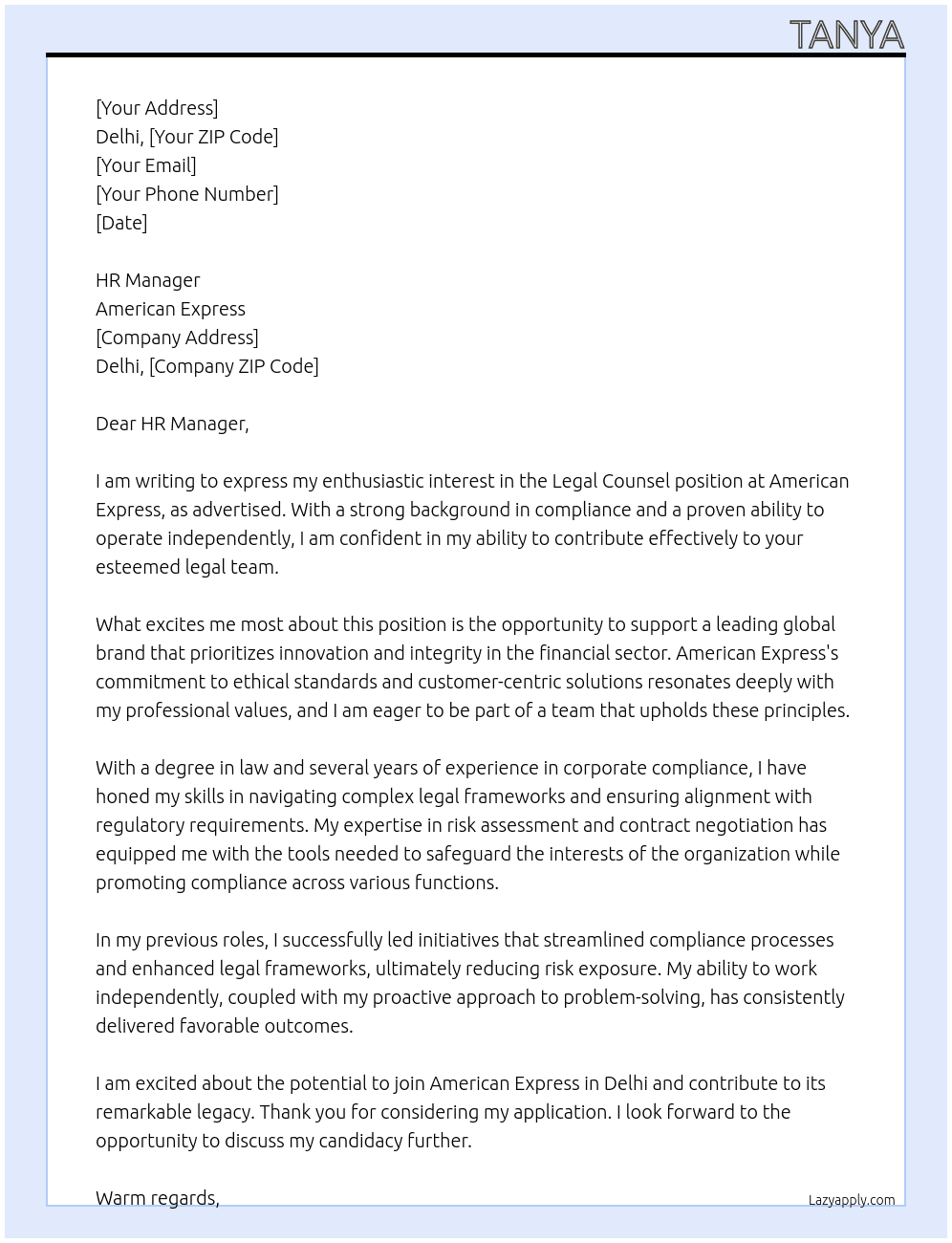 legal counsel At American Express Cover Letter