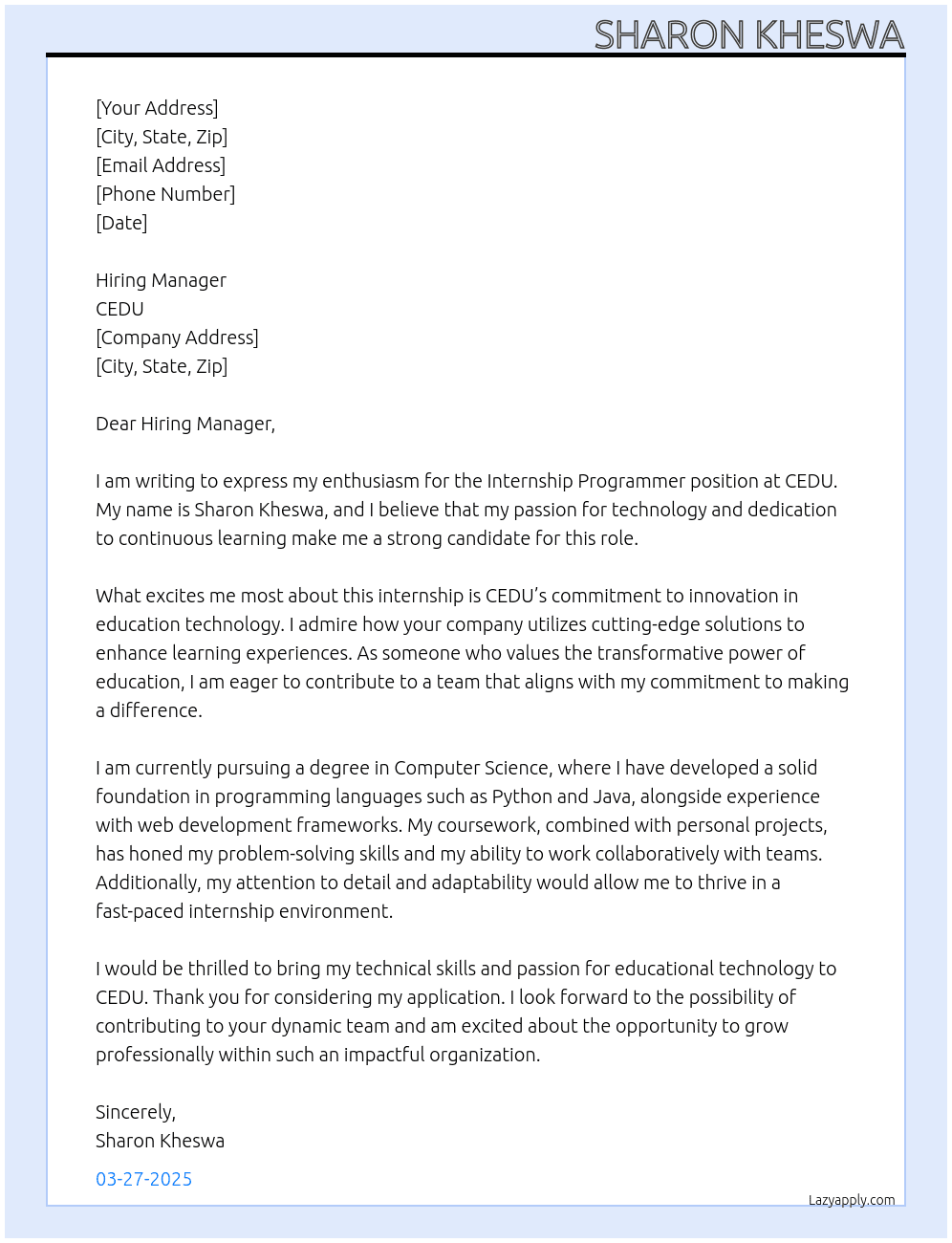 Internship  At CEDU Cover Letter