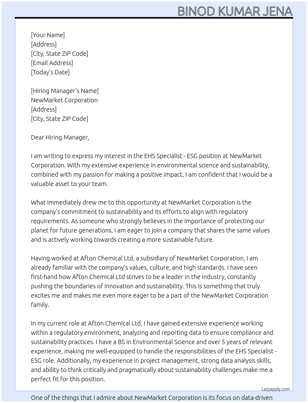 EHS Specialist - ESG NewMarket Corporation At NewMarket Corporation Cover Letter