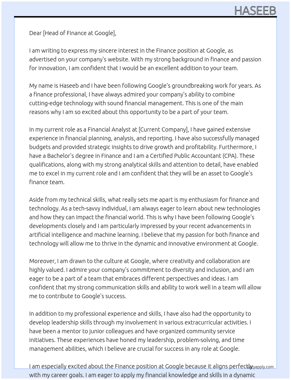 Finance At google Cover Letter