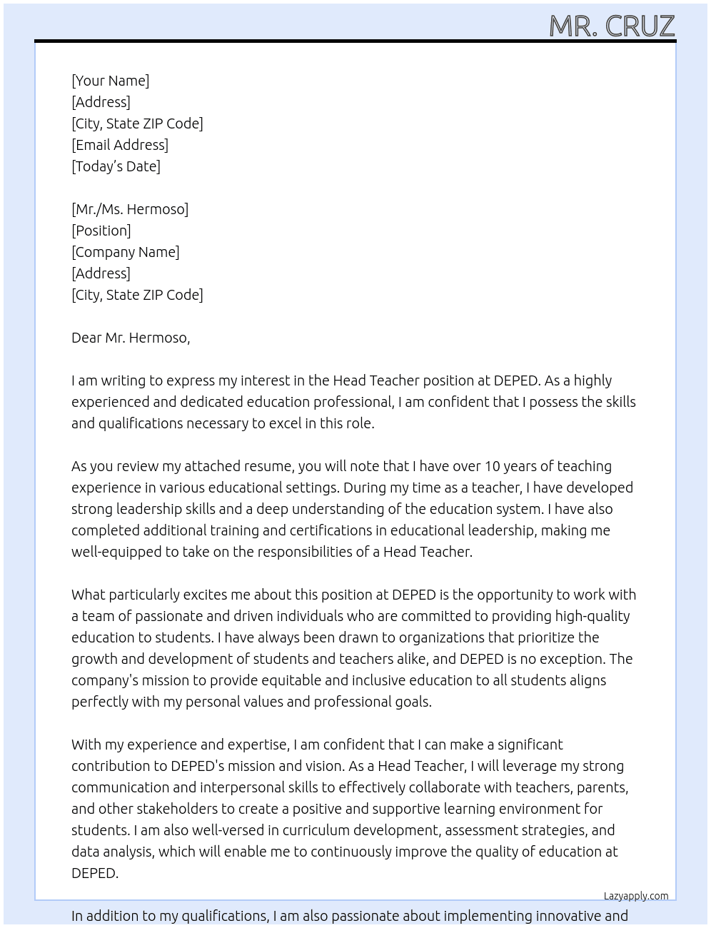 HEAD TEACHER At DEPED Cover Letter