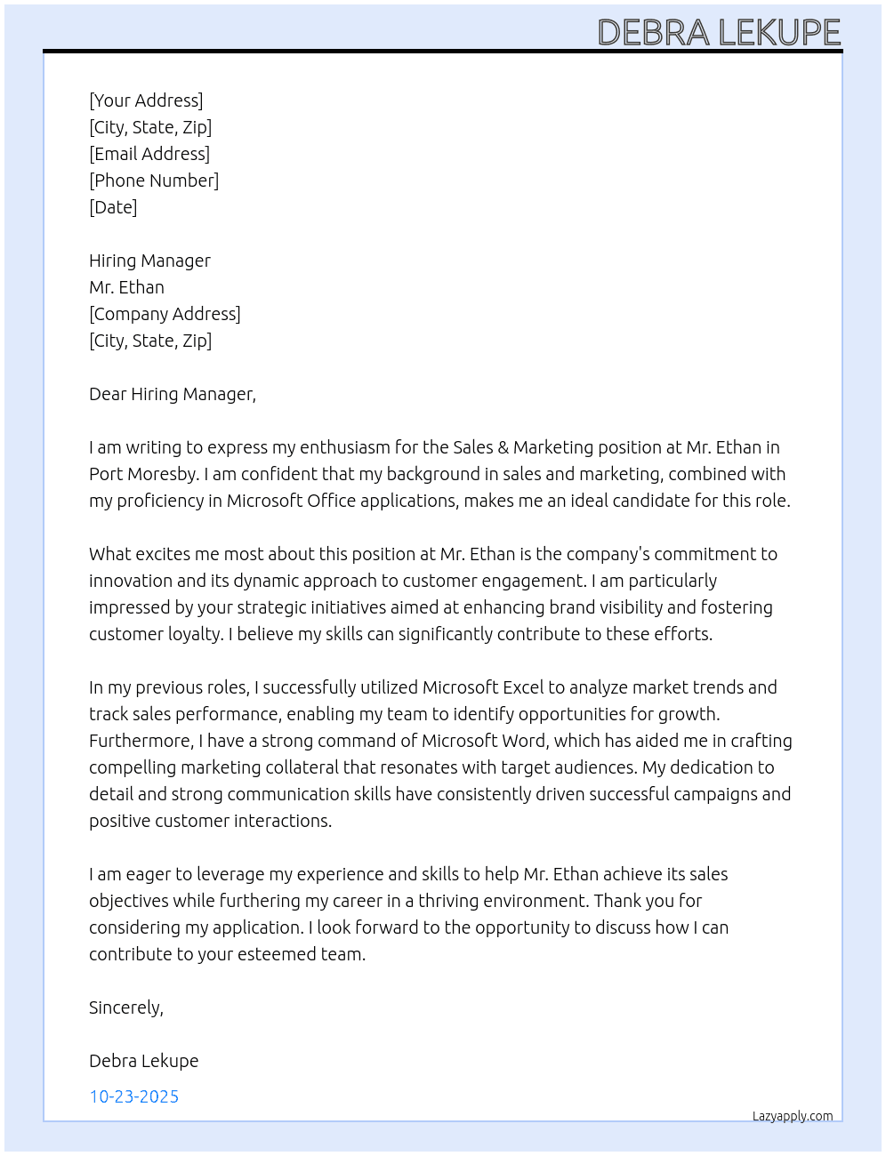 sales & marketing At Mr Ethan Cover Letter