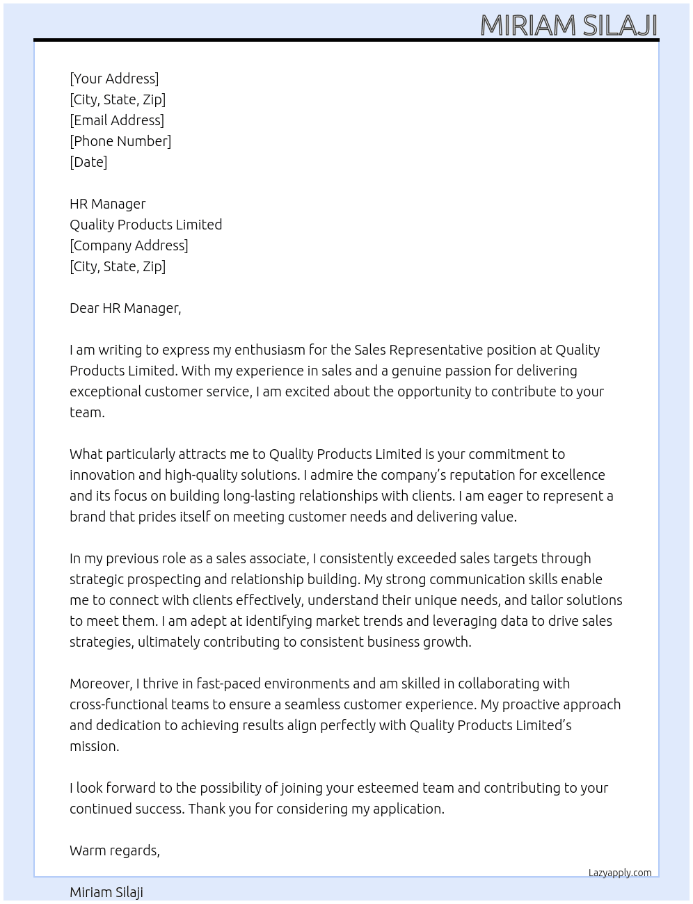sales representative  At quality products limited  Cover Letter