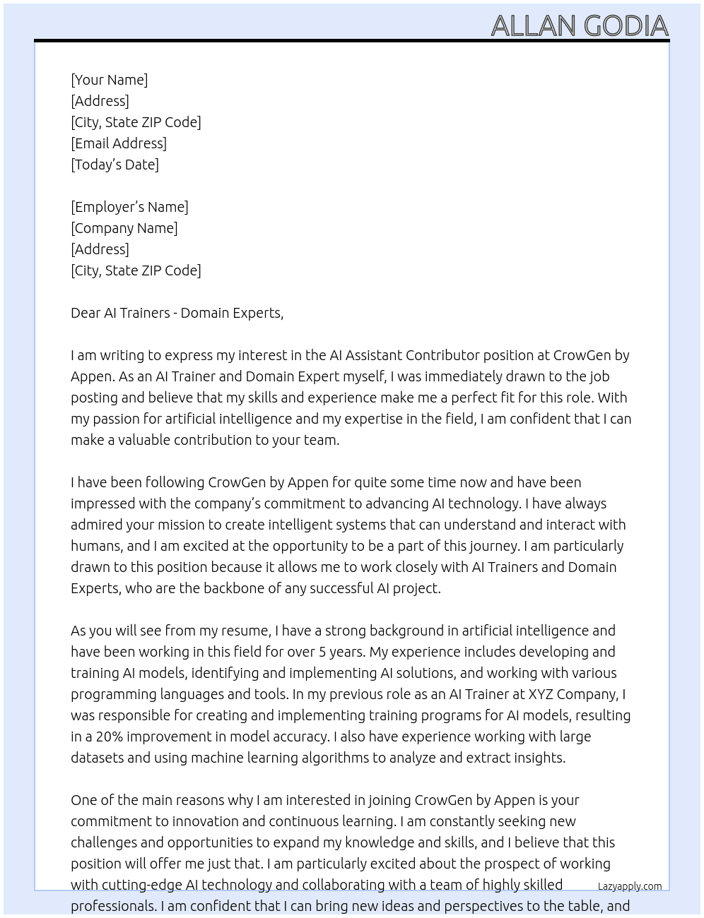 AI Assistant Contributor  At CrowGen by Appen Cover Letter