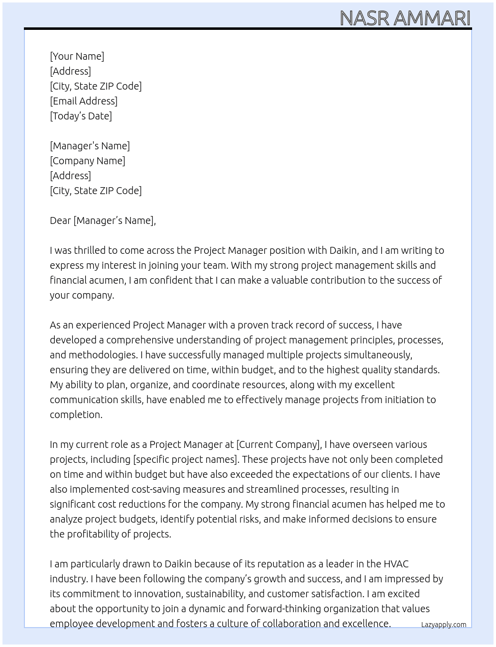 Project Manager At Daikin Cover Letter