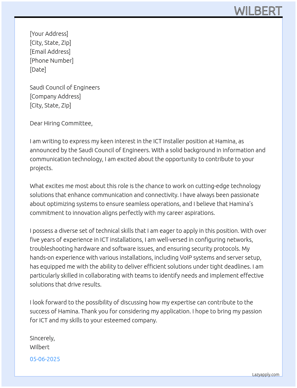 ICT Installer At Hamina Cover Letter
