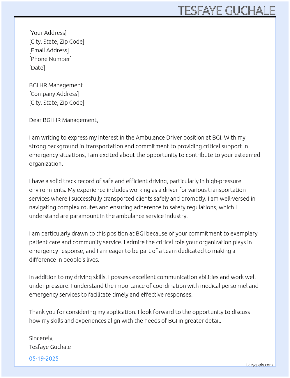 Ambulance Driver  At BGI Cover Letter