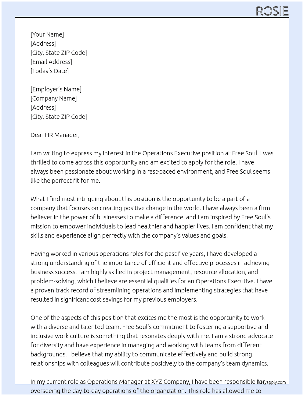 Operations Executive At Free Soul Cover Letter