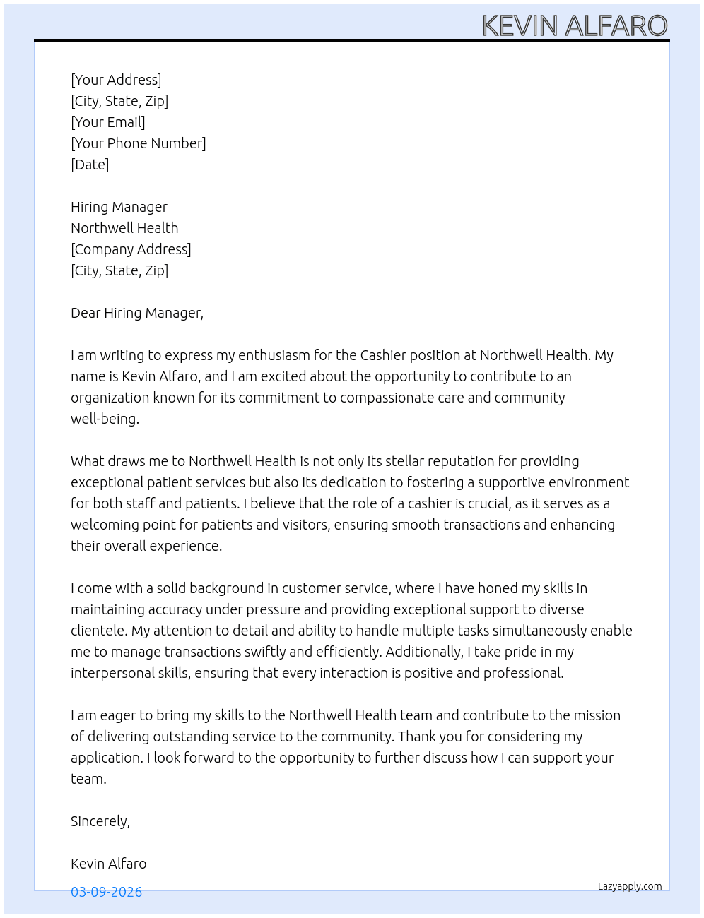 Cashier  At Northwell Health Cover Letter