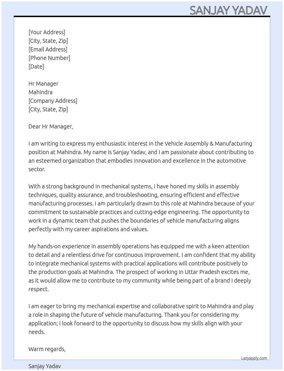 Vehicle Assembly & Manufacturing  At mahindra  Cover Letter