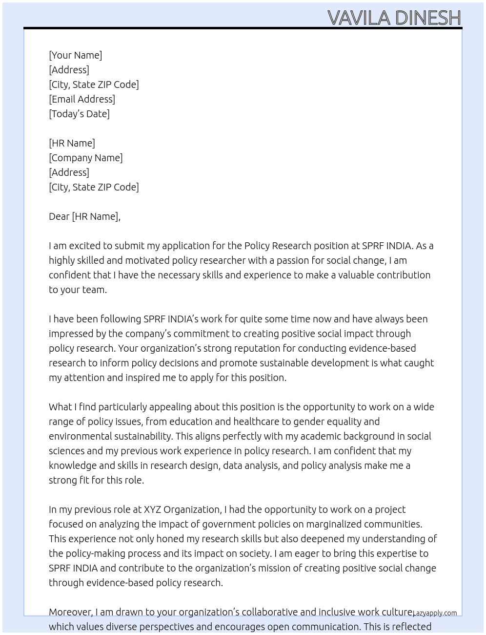 Policy Research At SPRF INDIA Cover Letter