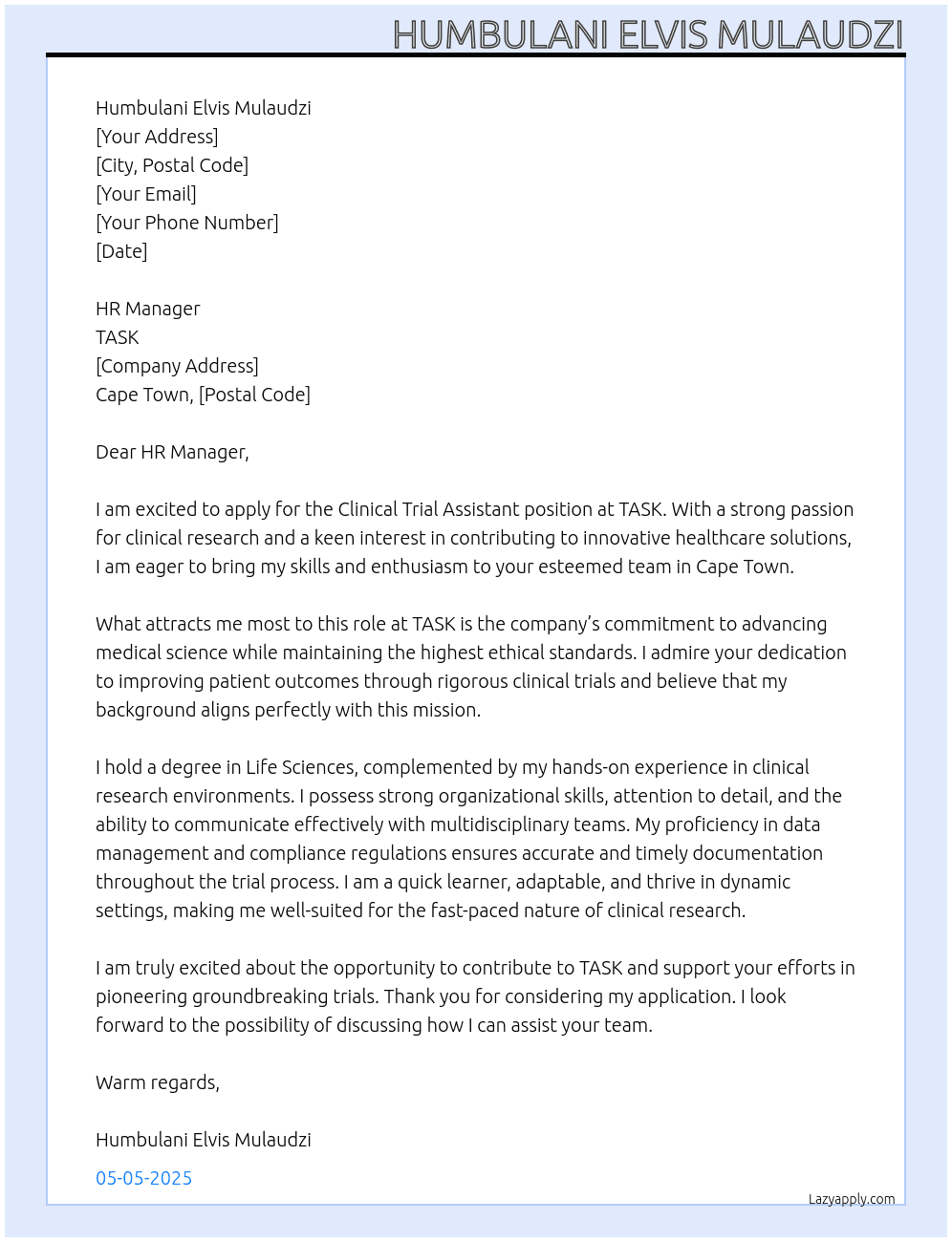 Clinical Trial Assistant At TASK Cover Letter