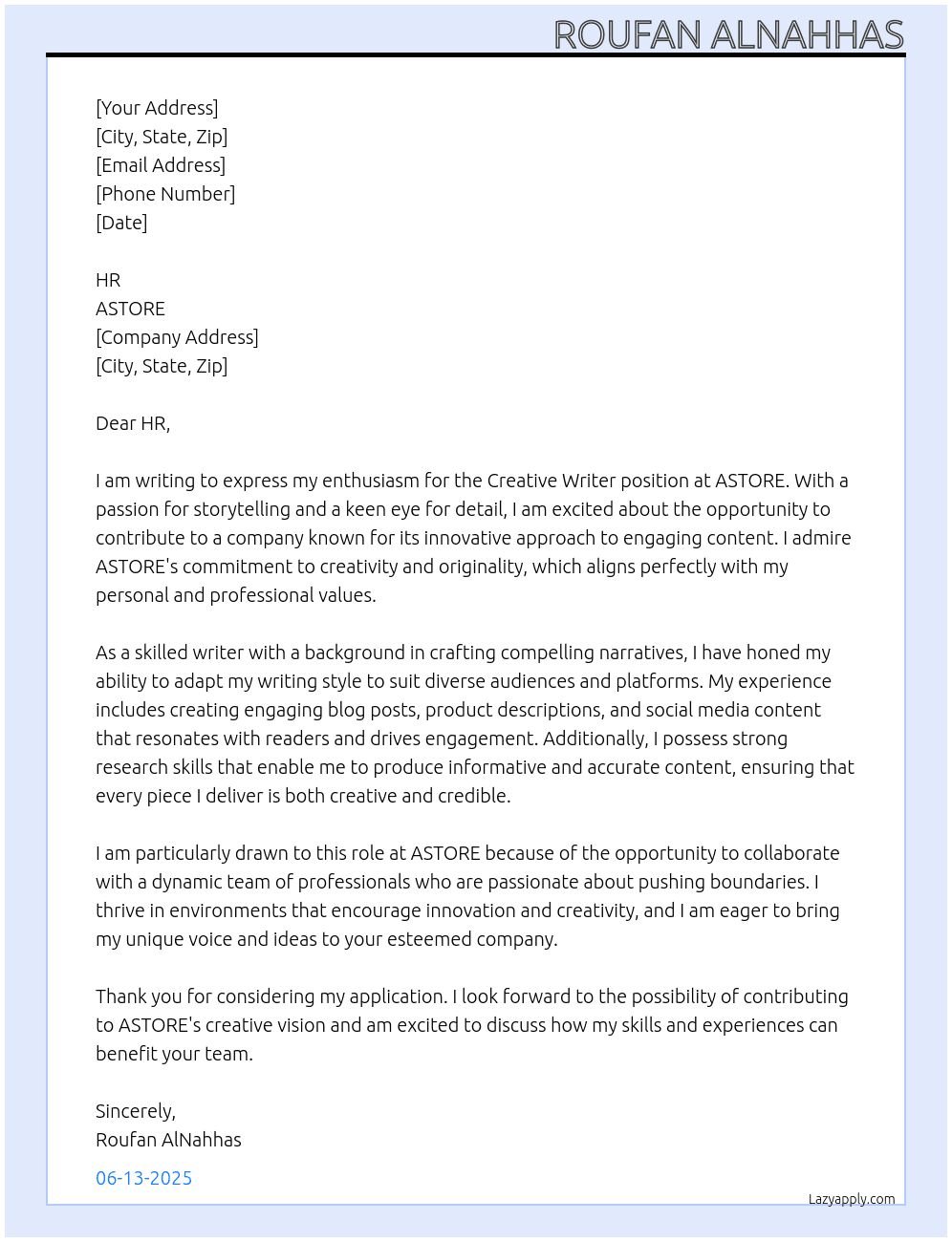 Creative writer At ASTORE Cover Letter