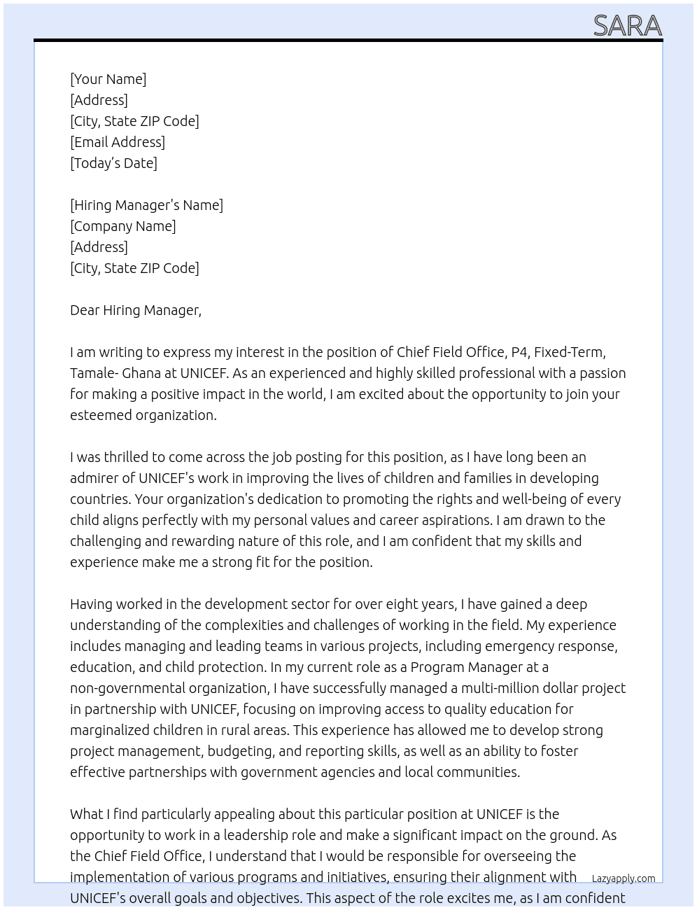 Cover letter for chief field office, p4, fixed-term, tamale- ghana - LazyApply