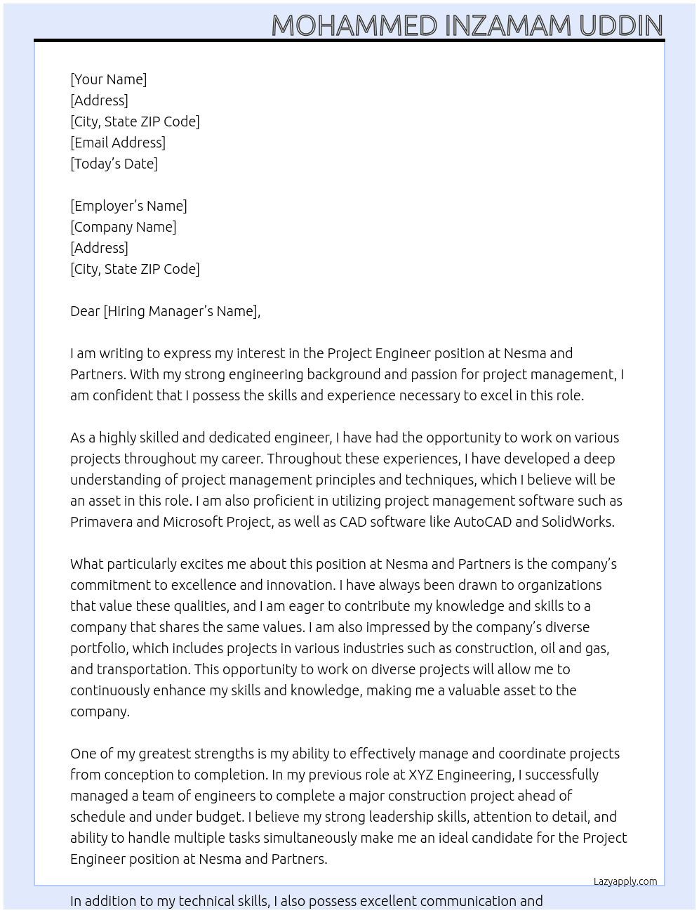 project engineer At Nesma and partners Cover Letter
