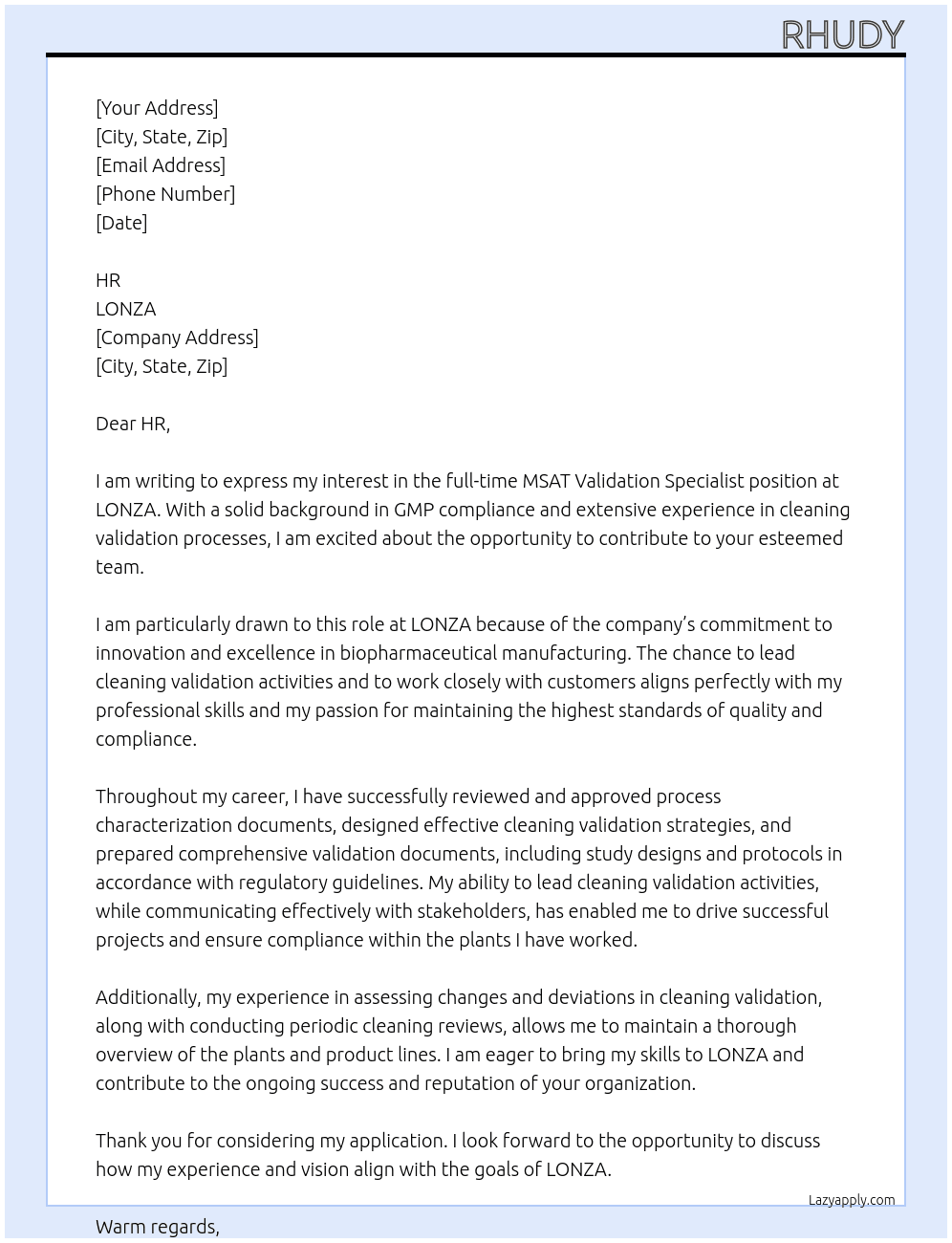 MSAT Validation Specialist At LONZA Cover Letter