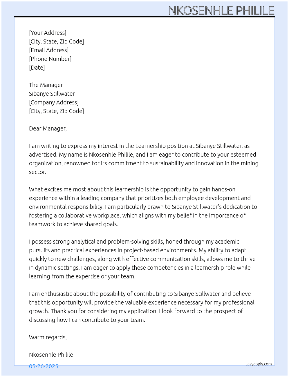 learnership At sibanye still water Cover Letter