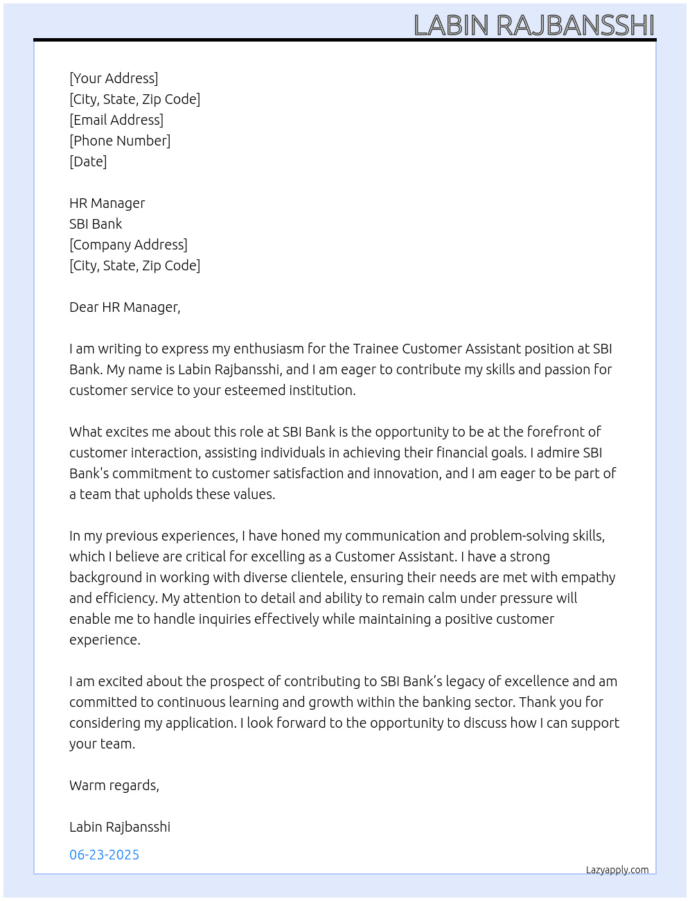 trainee customer assistant  At Sbi bank Cover Letter