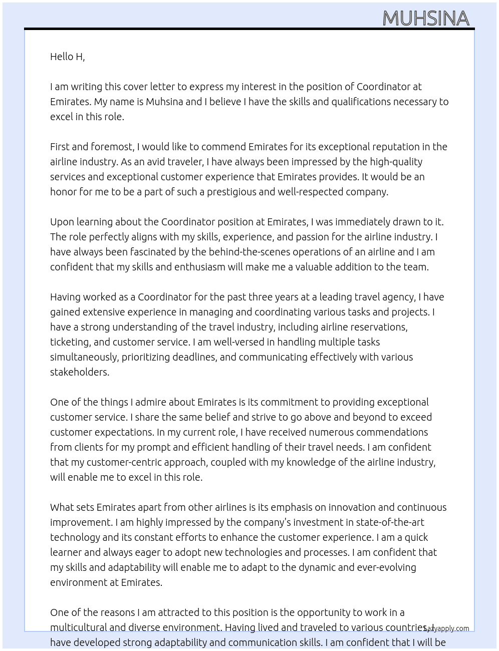 Coordinator At Emirates  Cover Letter