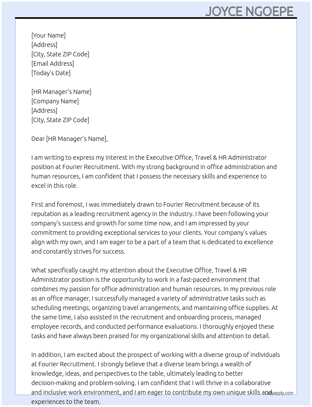 Executive Office, Travel & HR Administrator At Fourier Recruitment  Cover Letter