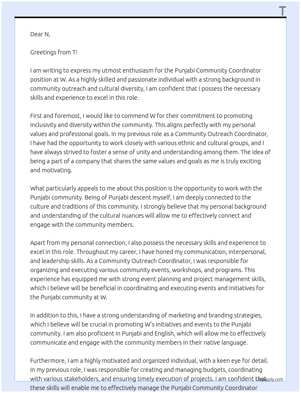 Cover letter for punjabi community coordinator - LazyApply