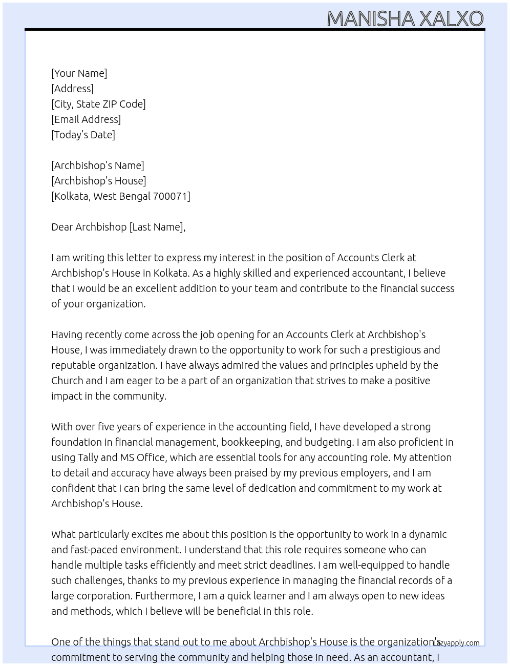 Accounts clerk  At Archbishop's House  Cover Letter