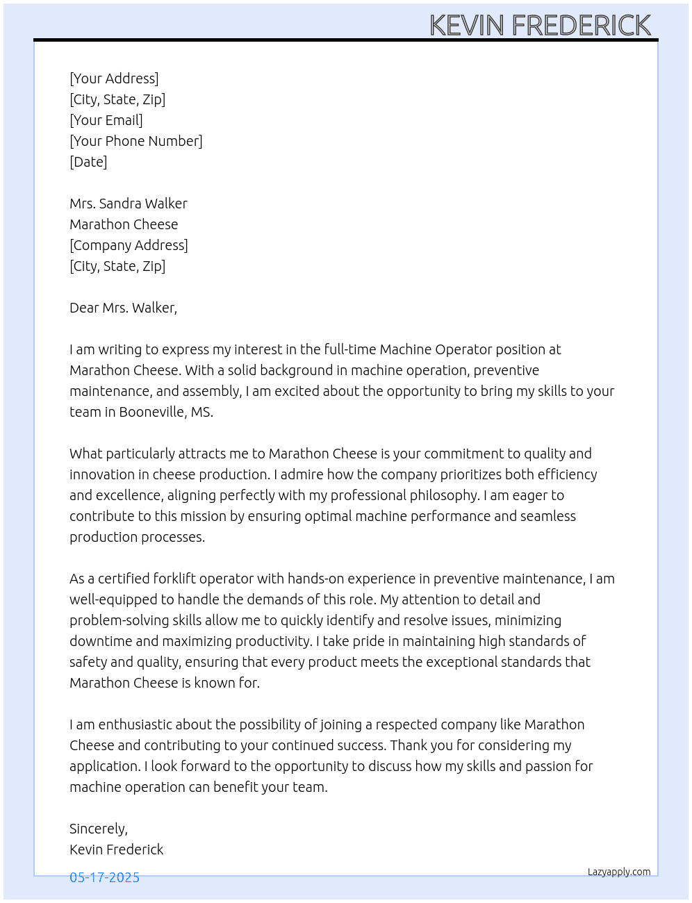 Machine Operator  At Marathon Cheese  Cover Letter