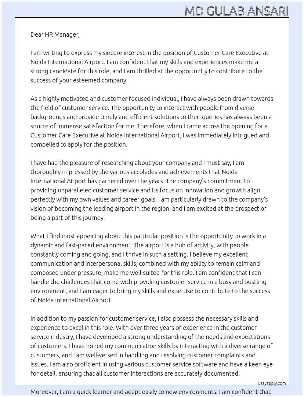 CUstomer Care Execituve At Noida Internation Airport Cover Letter