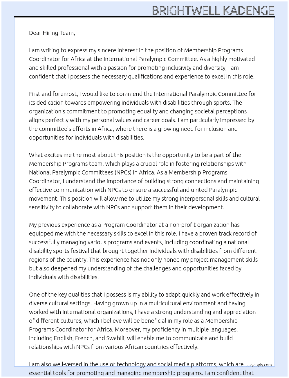 Cover letter for membership programs coordinator - africa - LazyApply