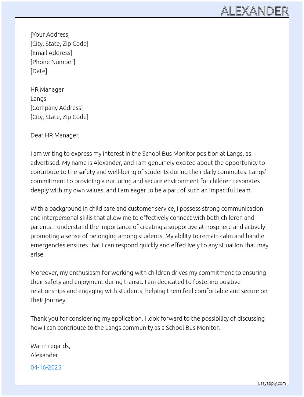 School Bus Monitor At Langs Cover Letter