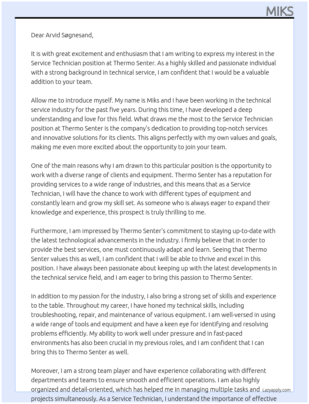 service technician At Thermo Senter Cover Letter